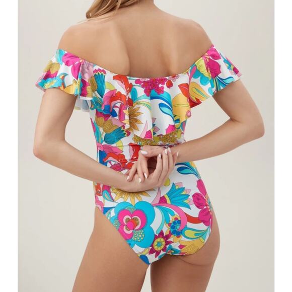 Trina Turk Fontaine Off The Shoulder Ruffle One Piece Swimsuit Sz 10 READ - Picture 2 of 11